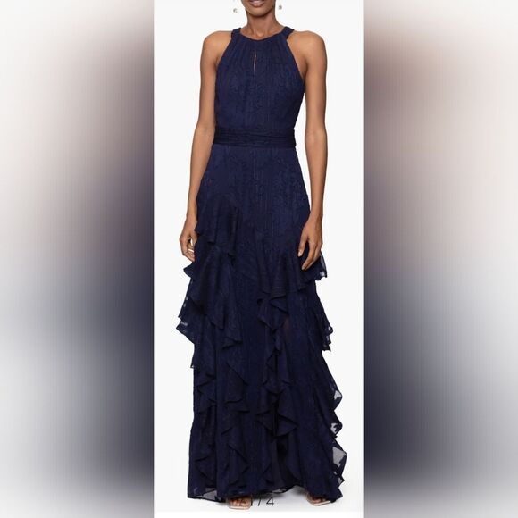 XSCAPE Petite Chiffon Ruffled Halter Gown NWT Size 8P Navy Blue - Picture 1 of 5